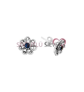 Söğütlü Silver Gümüş oksitli safir taşlı telkari çiçek modeli küpe