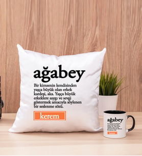 Ağabey Kelime Anlamı Kare Yastık ve Siyah Kupa Bardak