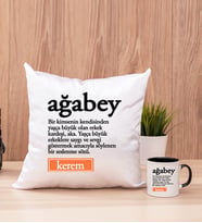 Ağabey Kelime Anlamı Kare Yastık ve Siyah Kupa Bardak