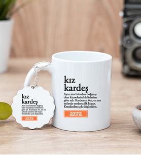 Kız Kardeş Kelime Anlamı Beyaz Kupa Bardak ve Anahtarlık