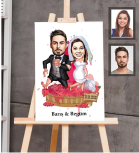Kişiye Özel Gelin Damat Karikatürlü Ahşap Tablo 30x47  Mod-4
