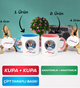 İkili Mavi Pembe Sevgiliye Sevgililer Günü Hediyesi 11 Kupa Bardak Anahtarlık