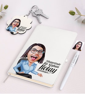 BK Gift Kişiye Özel Kadın Kolay Yetişmiyor Karikatürlü Beyaz Defter Kalem ve Anahtarlık Hediye Seti-2 (Model 1)