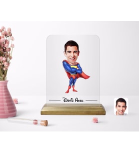 BK Gift Kişiye Özel Süper Adam Karikatürlü Ahşap Standlı Çerçeve (Beyaz)