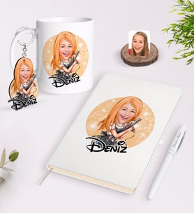 BK Gift Kişiye Özel Kadın Kuaför Karikatürlü Beyaz Defter Kalem Kupa ve Anahtarlık Hediye Seti-2 (Model 1)