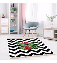 Flamingo Zigzag Desenli Etnik Dijital Baskı Yıkanabilir Modern Salon Halı ve Yolluk (Siyah - Beyaz)