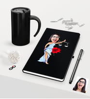 BK Gift Kişiye Özel Bayan Avukat Karikatürlü Siyah Defter Kalem ve Termos Mug Seti - 1 (Model 1)