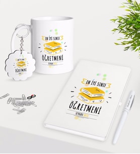 BK Gift Kişiye Özel En İyi Sınıf Öğretmeni Kupa Anahtarlık Beyaz Defter Kalem Hediye Seti-6 (Model 1)