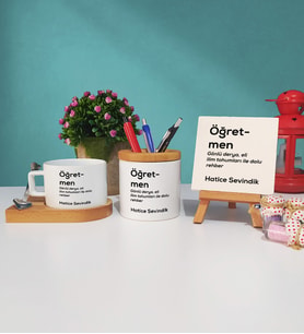 Öğretmen Ahşap Altlıklı Fincan Kalemlik ve Dekoratif Taş Baskı Seti