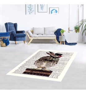 Gazete Üzerinde Bilge Baykuş Dijital Baskı Yıkanabilir Modern Çocuk Halısı  (Bej)