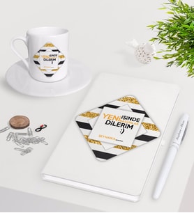 BK Gift Kişiye Özel Yeni İşinde Başarılar Dilerim Beyaz Defter Kalem Türk Kahvesi Fincanı Seti-7 (Model 1)