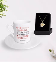 BK Gift Kişiye Özel İngilizce Öğretmeni Türk Kahvesi Fincanı ve İsimli Papatya Kolye Hediye Seti-6 (Model 1)