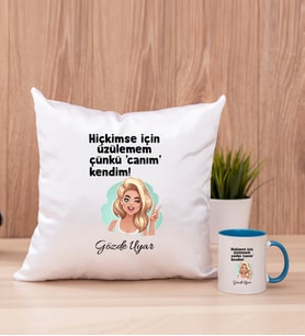 Canım Kendim Kare Yastık ve Mavi Kupa Bardak