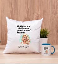 Canım Kendim Kare Yastık ve Mavi Kupa Bardak