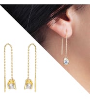 Zirkon Tektaşlı Sandviç Tasarım Gold Renk 925 Ayar Gümüş Sallantılı Küpe