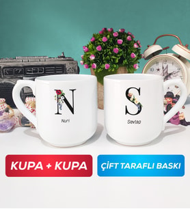 İkili Kişiye Özel Baş Harf ve İsim Yazılı Kupa Bardak Oval