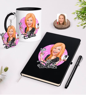 BK Gift Kişiye Özel Kadın Dövme Sanatçısı Karikatürlü Siyah Defter Kalem Kupa ve Anahtarlık Hediye Seti-1 (Model 1)