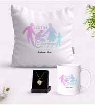 BK Gift Kişiye Özel Özel Eğitim Öğretmeni Beyaz Kupa Yastık ve İsimli Papatya Kolye Hediye Seti-2 (Model 1)