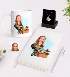 BK Gift Kişiye Özel Bayan Öğretmen Karikatürlü Beyaz Kupa Defter Kalem ve İsimli Papatya Kolye Hediye Seti-4 (Model 1)
