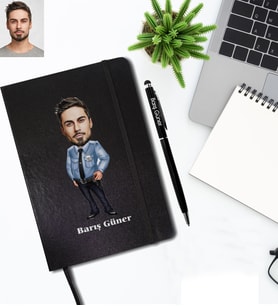 Kişiye Özel Polis Karikatürlü Siyah Defter Kalem Hediye Seti Bay-3
