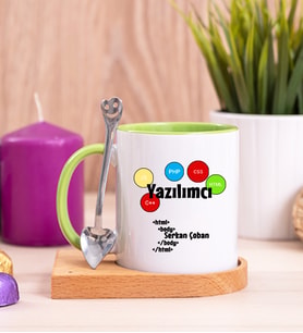 Yazılımcı Ahşap Altlıklı Yeşil Kupa Bardak