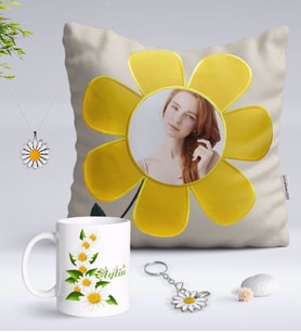 BK Gift Kişiye Özel Fotoğraflı Papatya Yastık Kupa Papatya Kolye ve Silver Anahtarlık Seti-8 (Model 1)