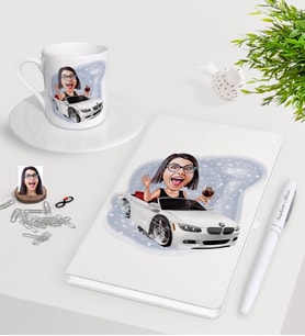 BK Gift Kişiye Özel Bayan Patron Karikatürlü Beyaz Defter Kalem Türk Kahvesi Fincanı Seti-3 (Model 1)