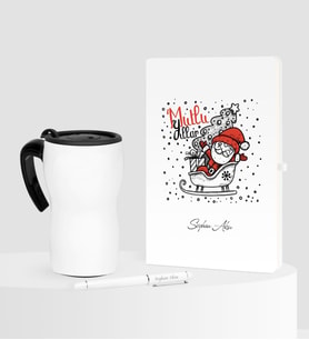 BK Gift Kişiye Özel Yılbaşı Noel Baba Temalı Beyaz Defter Kalem Termos Mug Seti - 5