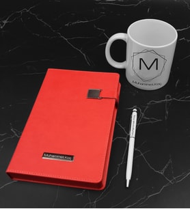 Kişiye Özel İsimli VIP Kırmızı Defter & Beyaz Touch Pen Kalem & Harf Kupa Hediye Seti