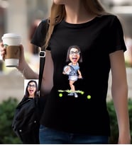 BK Gift Kişiye Özel Bayan Tenis Oyuncusu Karikatürlü Siyah T-Shirt