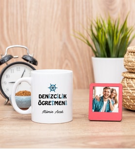 Denizcilik Öğretmeni Beyaz Kupa Bardak ve Kırmızı Mini Fotoğraf Çerçevesi