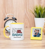 Dünyanın En İyi Babası Sarı Kupa Bardak ve Sarı Mini Fotoğraf Çerçevesi