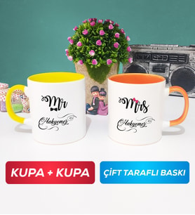 İkili Çiftlere Özel Mr Mrs Sevgiliye Hediye Kupa Bardak Sarı Turuncu