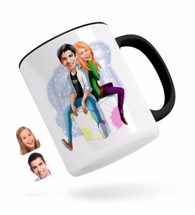 BK Gift Kişiye Özel Sevgililer Karikatürlü Siyah Kupa Bardak-35