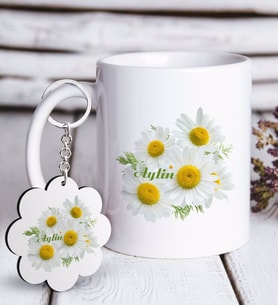 BK Gift Kişiye Özel Papatya Tasarımlı Beyaz Kupa ve Anahtarlık Hediye Seti-12 (Model 1)