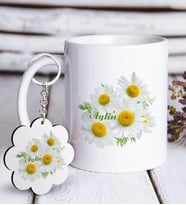 BK Gift Kişiye Özel Papatya Tasarımlı Beyaz Kupa ve Anahtarlık Hediye Seti-12 (Model 1)