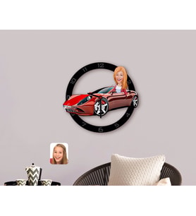 BK Gift Kişiye Özel Plakalı Kadın Ferrari 458 Karikatürlü Ahşap Duvar Saati-1 (Beyaz)