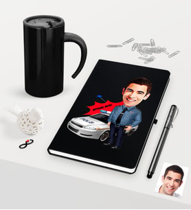 BK Gift Kişiye Özel Bay Trafik Polisi Karikatürlü Siyah Defter Kalem Termos Mug Seti - 2 (Model 1)