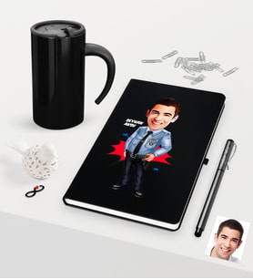 BK Gift Kişiye Özel Bay Polis Karikatürlü Siyah Defter Kalem Termos Mug Seti - 1 (Model 1)