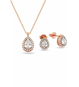 Gümüş Elmas Montür Set Baget Kadın Gümüş Kolye Küpe Set (Rose-Siyah)