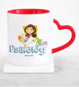 BK Gift Kişiye Özel Mesleki Psikolog Kırmızı Kalpli Kupa Bardak  2
