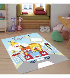 Sevimli Hayvanlar Desenli Dijital Baskı Yıkanabilir Kaymaz Taban Çocuk Odası Halısı (Mavi)