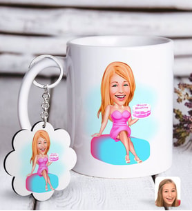 BK Gift Kişiye Özel Bayan Doğum Günü Karikatürlü Beyaz Kupa ve Anahtarlık Hediye Seti-2 (Model 1)