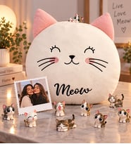 Kişiye Özel Fotoğraflı Kedi Yastık Ve 9 Mini Kedi Ailesi Hediye Seti