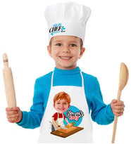 BK Gift Kişiye Özel Küçük Chef Karikatürlü Erkek Çocuk Mutfak Önlüğü Aşçı Şapkası Seti-4 (Beyaz)