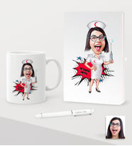 BK Gift Kişiye Özel Hemşire Karikatürlü Beyaz Defter Kalem Kupa Seti - 1 (Model 1)