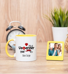 Veteriner Hekimi Sarı Kupa Bardak ve Sarı Mini Fotoğraf Çerçevesi