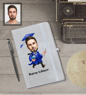 Kişiye Özel Mezuniyet Karikatürlü Gri Defter Kalem Hediye Seti  Bay-4