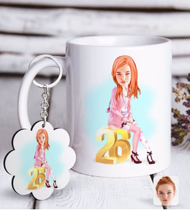 BK Gift Kişiye Özel Bayan Doğum Günü Karikatürlü Beyaz Kupa ve Anahtarlık Hediye Seti-10 (Model 1)