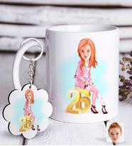 BK Gift Kişiye Özel Bayan Doğum Günü Karikatürlü Beyaz Kupa ve Anahtarlık Hediye Seti-10 (Model 1)